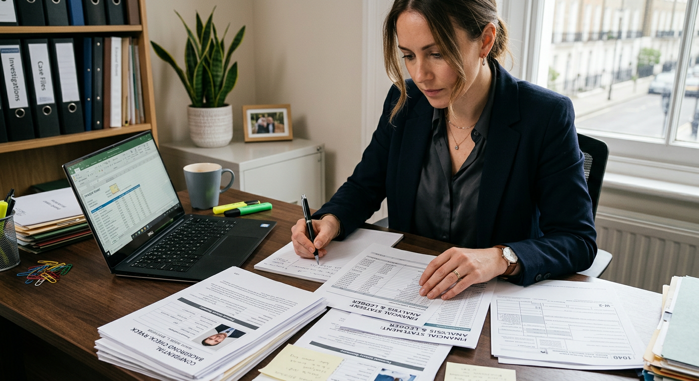 Female private investigator reviewing background check reports at her desk