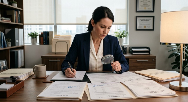 Female private investigator reviewing financial documents and property records