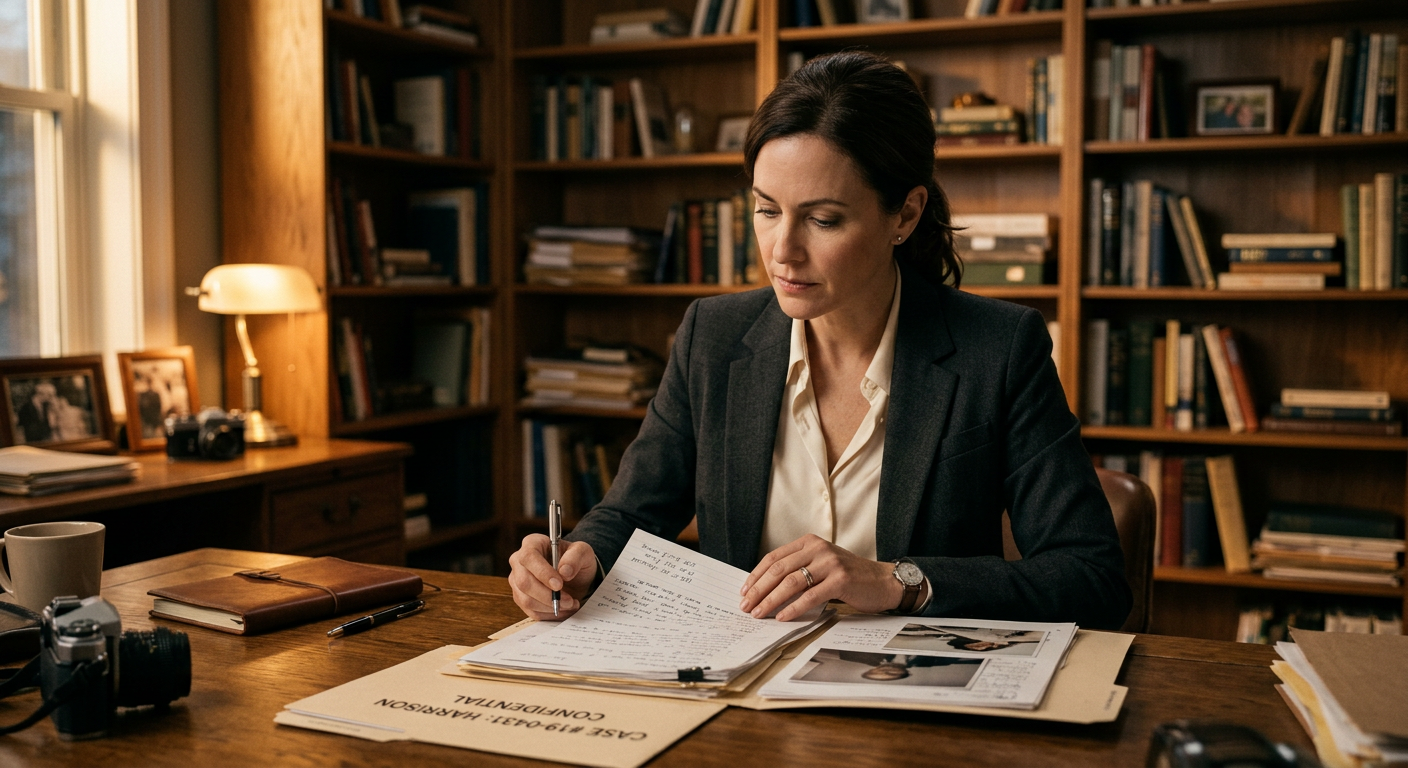 Female private investigator reviewing a case file at her desk