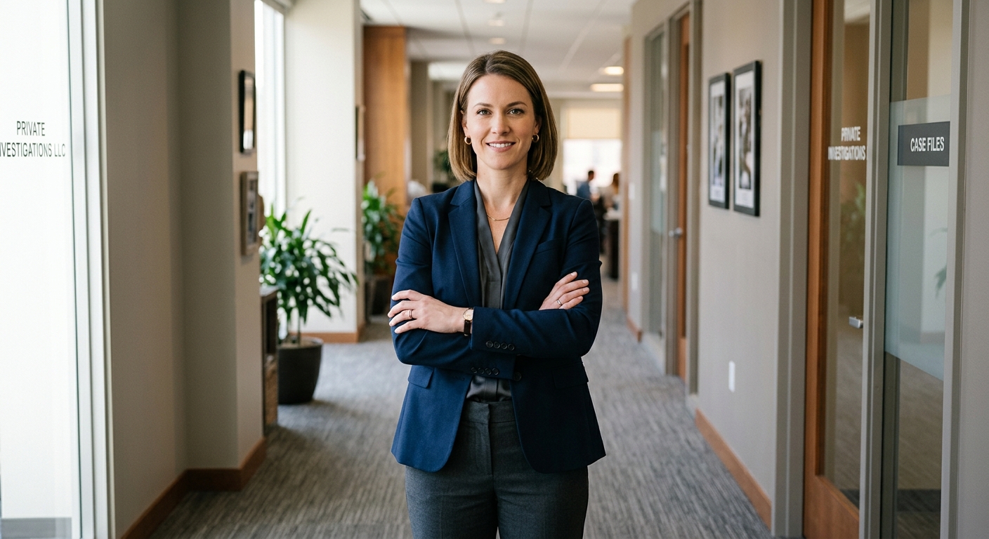 Confident female private investigator standing in professional attire